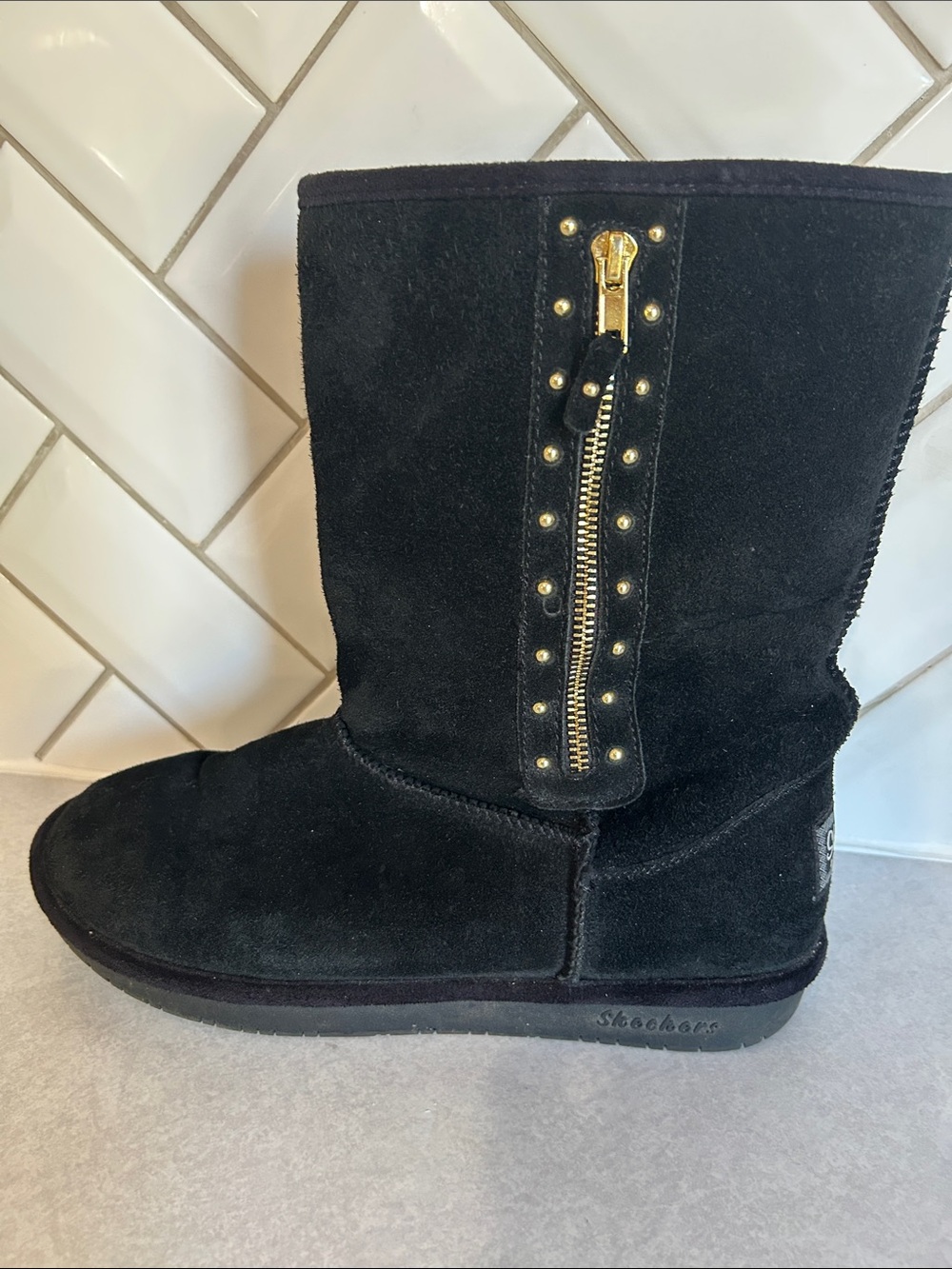 Skechers Black Suede Mid-Calf Boot with Gold Zipper & Studs